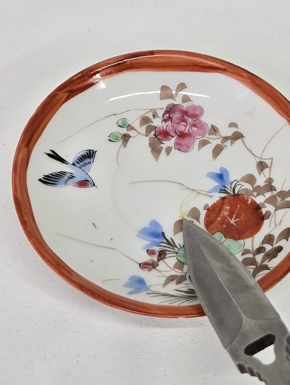 Antique Japanese Kutani Porcelain Small Dish Bird Floral Red Rim Saucer Plate